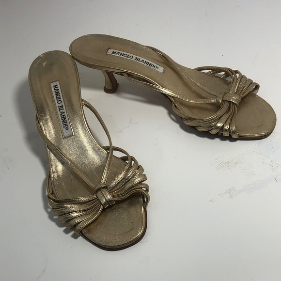 Womens Manolo Blahnik Metallic Gold Strappy Flats Sandals,...